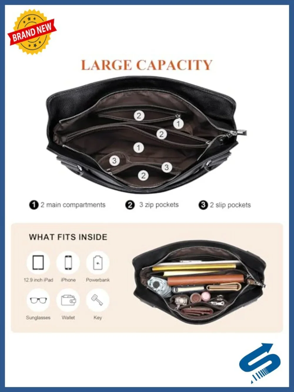 Genuine Leather Hobo Tote Crossbody with Multiple Pockets, Adjustable Straps